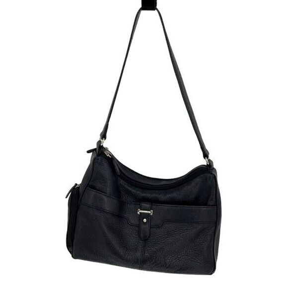 Aurielle Womens‎ Leather Double Top Zippered Compartment Shoulder Handbag Black - Picture 1 of 12